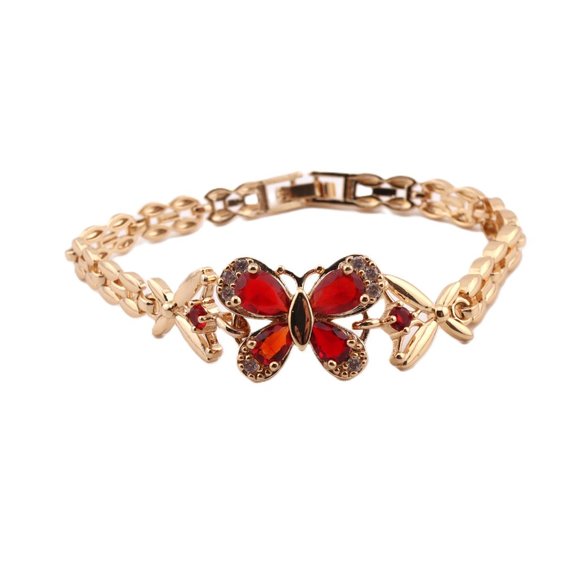 Enchanting Elegance 14k Gold Plated Red Cubic Zirconia Butterfly Linked Bracelet - Picture 3 of 10